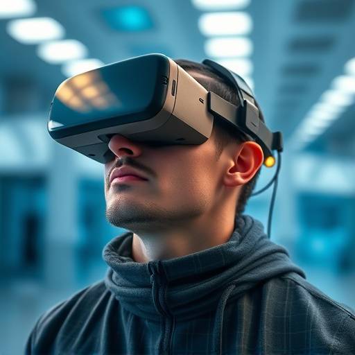Ein Mann mit einer VR-Brille, der eine virtuelle Welt erkundet.