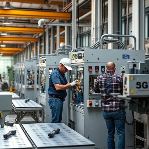 Ein Team von Ingenieuren arbeitet an einer modernen Produktionsmaschine in einer Fabrikhalle.