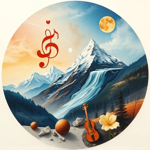 Eine abstrakte Darstellung verschiedener Kunstformen wie Malerei, Skulptur und Musikinstrumente vor einem Bergpanorama.