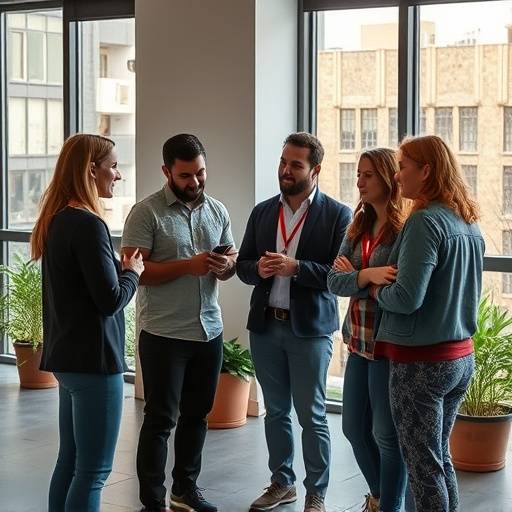 Eine Gruppe von Menschen, die engagiert diskutieren, umgeben von stilisierter Technologie.