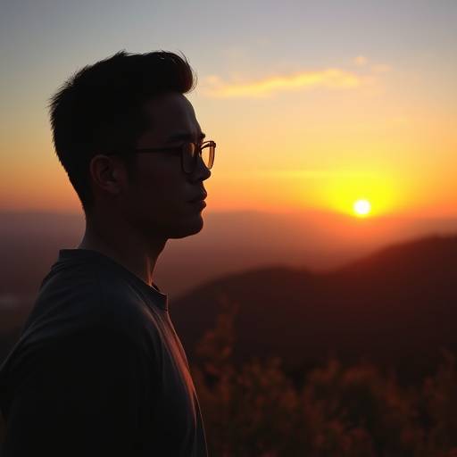 Eine Person, die nachdenklich auf eine aufgehende Sonne schaut, symbolisch f&uuml;r neue Perspektiven.