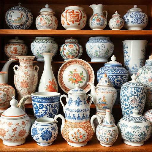 Eine Sammlung von Keramikobjekten mit traditionellen Mustern.