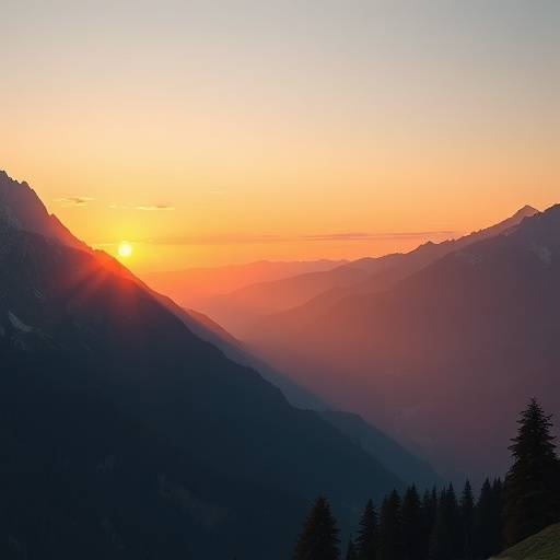 Eine stilisierte Darstellung der &radic;&part;sterreichischen Alpenlandschaft bei Sonnenaufgang, symbolisierend Klarheit und Ausblick.