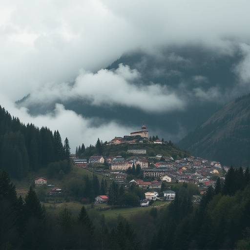 Fotografische Darstellung eines Bergdorfes im Nebel.