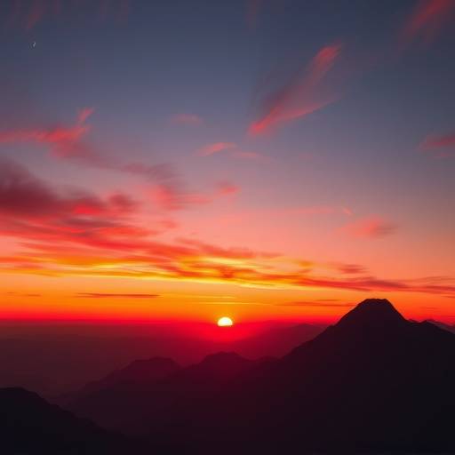 Illustration einer Berglandschaft mit einer einzelnen, leuchtenden Sonne im Abendrot.